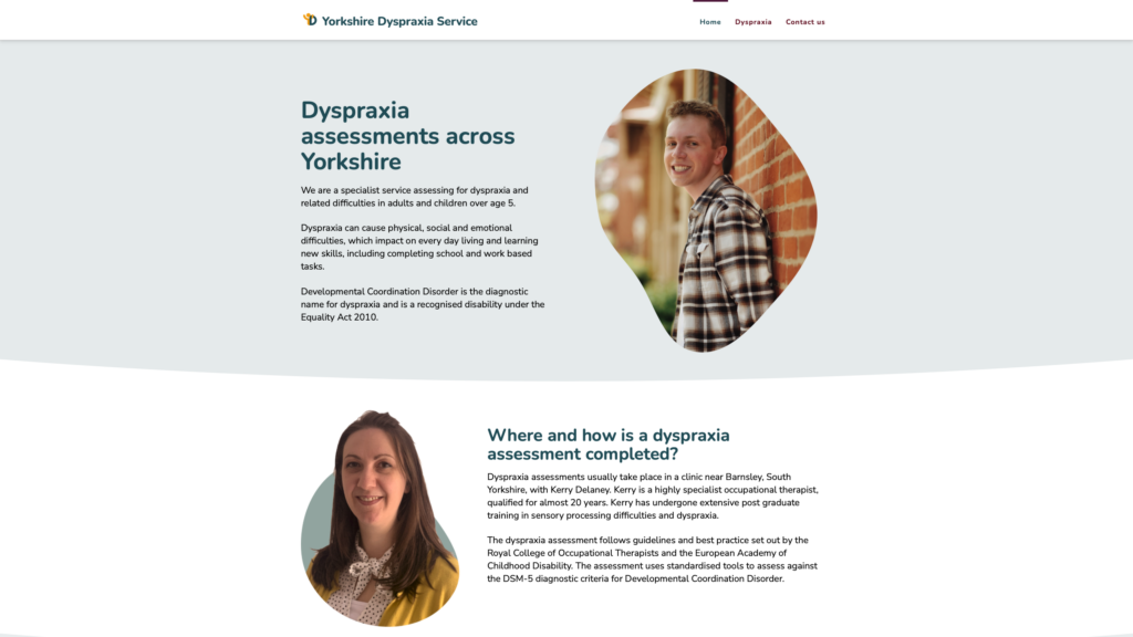 Screenshot of the Yorkshire Dyspraxia Service website homepage